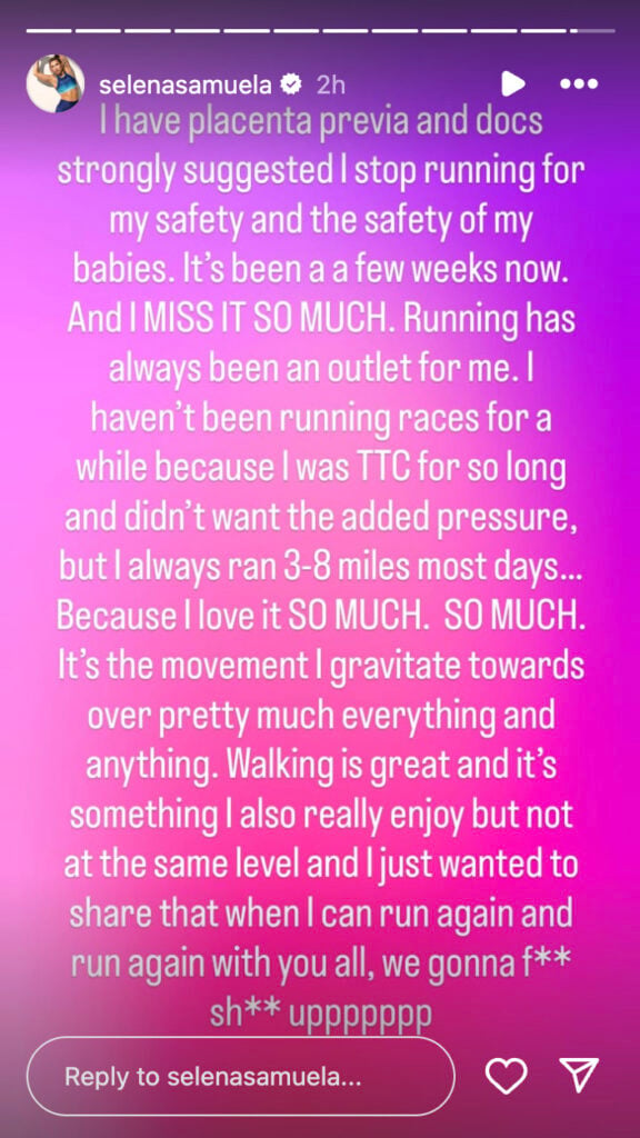 Selena Samuela's Instagram Story providing update on running classes.